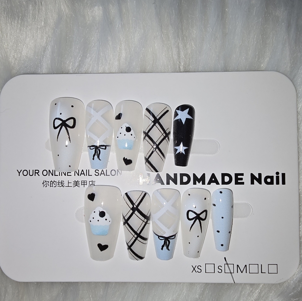Black, White, Light Blue Handmade Nail Set Of 10